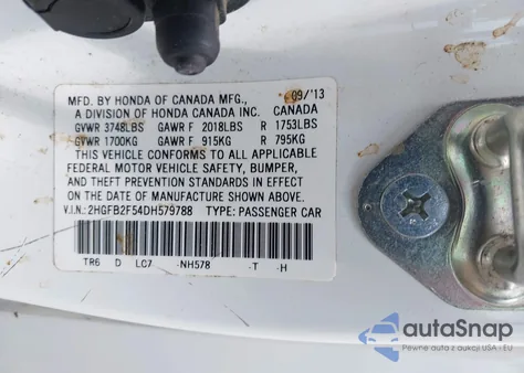 2013 Honda Civic Lx z USA, uszkodzony, nr VIN 2HGFB2F54DH579788